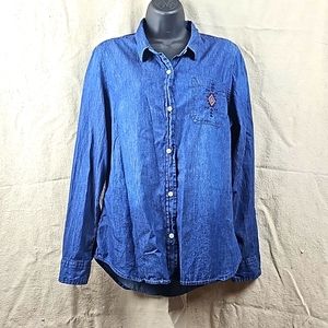 Zumiez Empyre Denim Blue Red Button Front Embroidered Long Sleeve Shirt